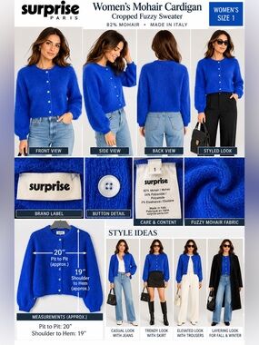 Surprise Paris Mohair Cardigan Women’s Size 1 Blue Made in Italy Cropped Fuzzy